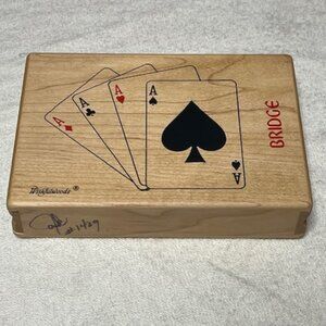 Collectible Wooden Playing Card Bridge Box 2 Sets Sliding Side Openings 6"x4"